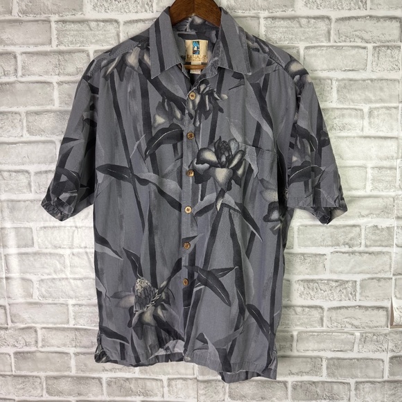 KAHALA Hawaiian Shadow Gray Floral Print Button Up Camp Shirt Mens MEDIUM - Picture 1 of 6